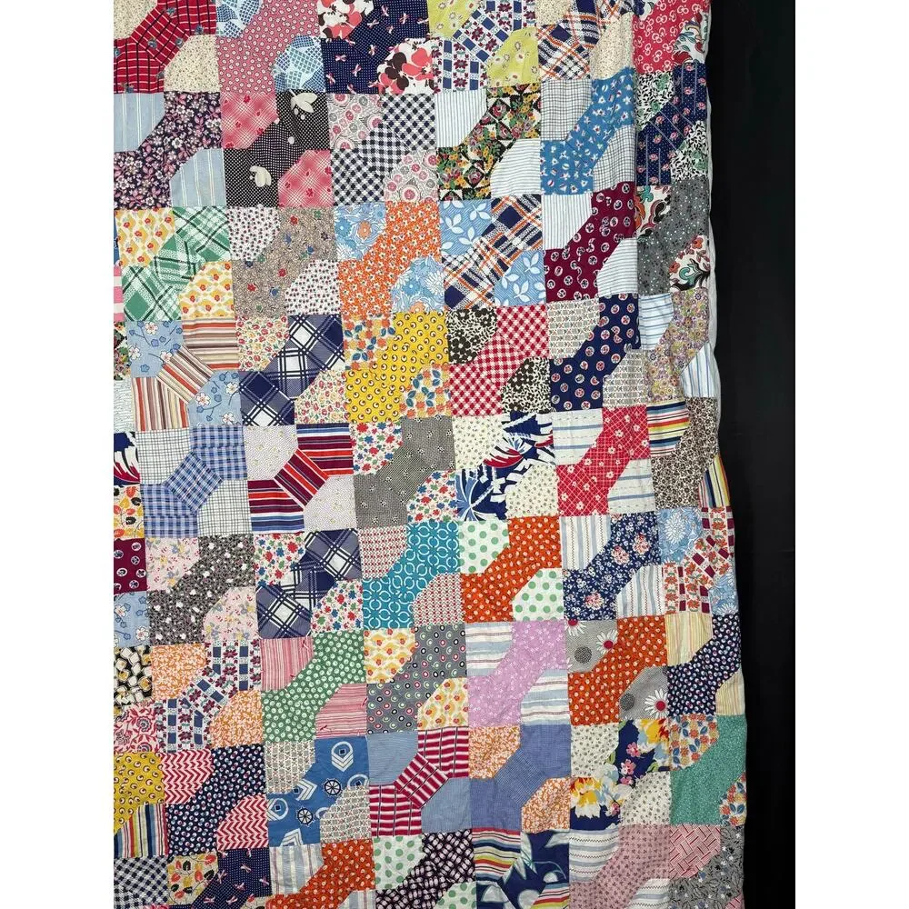 Vintage Colorful Feedsack Bowtie Quilt Handmade Cotton Fabric Farmhouse Cottage